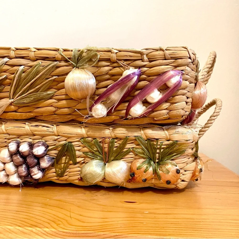 Vintage 50s - 70s Seagrass Basket Set 2 Fruit Fruits & Veggies Rectangle